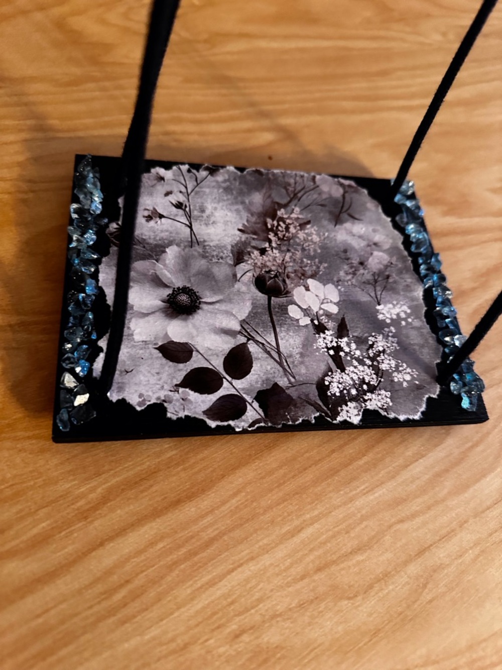Hand crafted Floral Hanging shelf with Black Cord